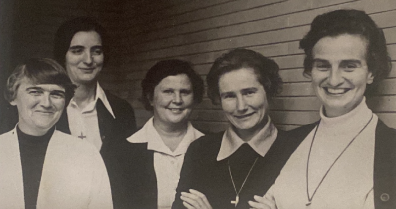 Mary Shanahan RSCJ in 1977 when she was on the Central Team of Sister Concha Camacho. From left, Sisters Mary Shanahan, Judy Garson, Alicia Hughes, Mary Cavanagh, Concha Camacho